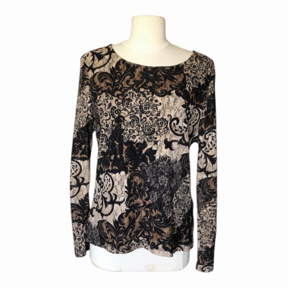 Classiques Entier Lace Top XL Black Beige Baroque Floral Long Sleeve Sheer